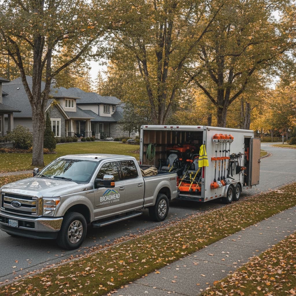 Coastal Miller Landscaping professional work truck, equipment trailer, and commercial landscaping gear on site in Greater Victoria BC