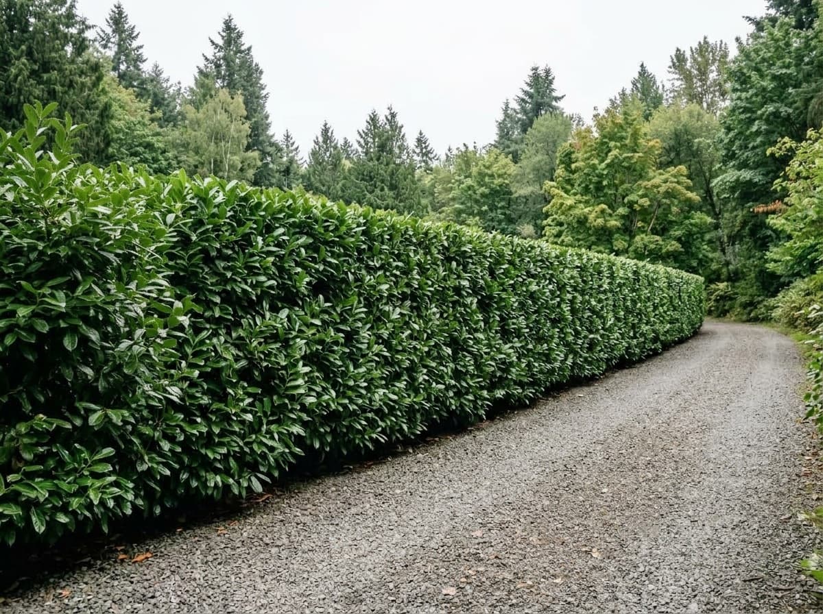 Neatly shaped and pruned laurel hedge after Coastal Miller Landscaping hedge trimming in Gordon Head
