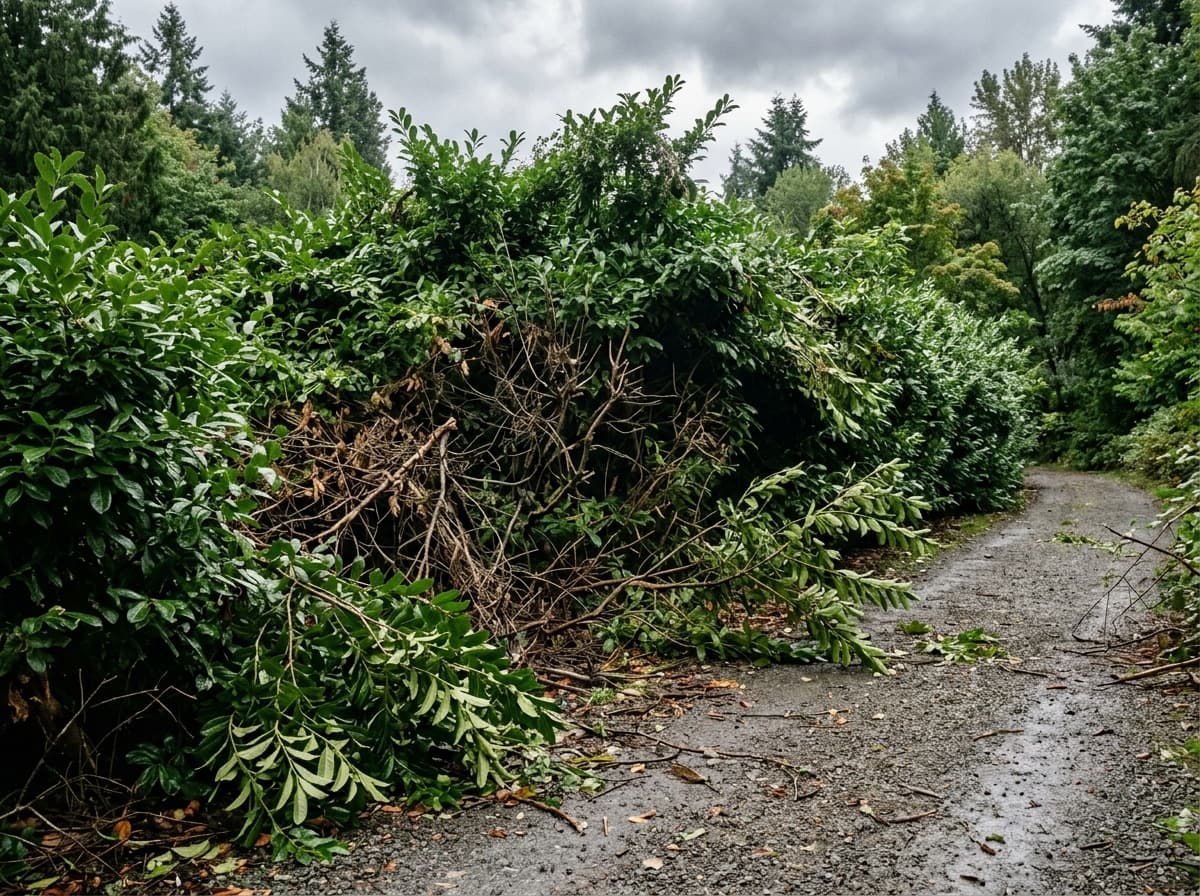 Overgrown laurel hedge before professional trimming service in Gordon Head, Victoria BC