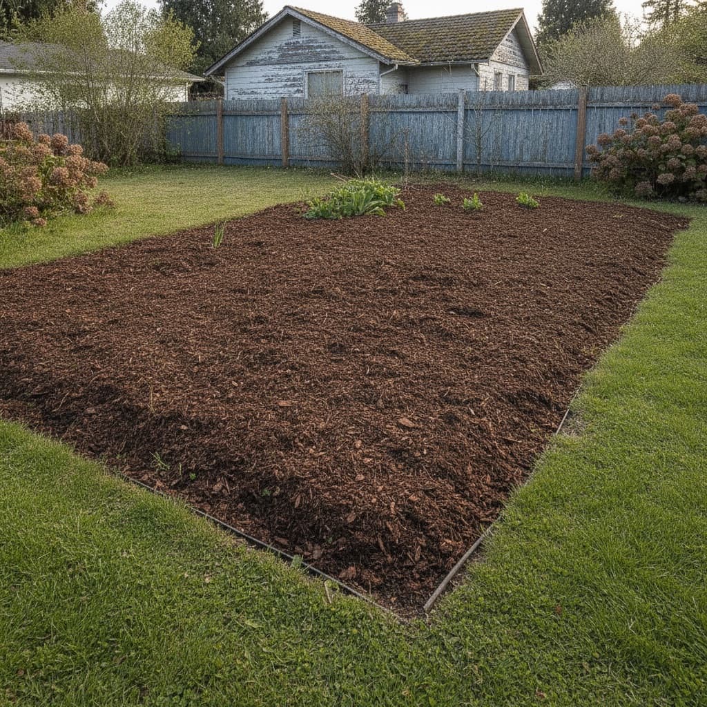 Neatly mulched garden beds with trench edging and rich dark bark mulch after Coastal Miller Landscaping installation