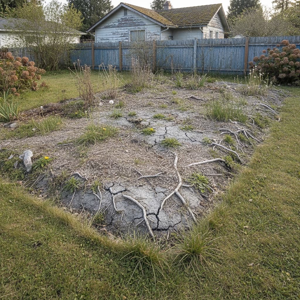 Garden beds with dried, faded soil and weeds before mulch installation in Sidney, BC