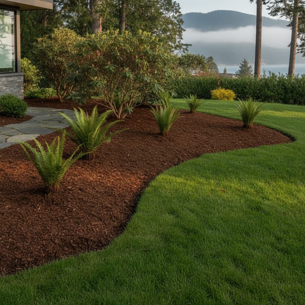 Fresh dark mulch installed in residential garden bed in Victoria BC — Coastal Miller Landscaping
