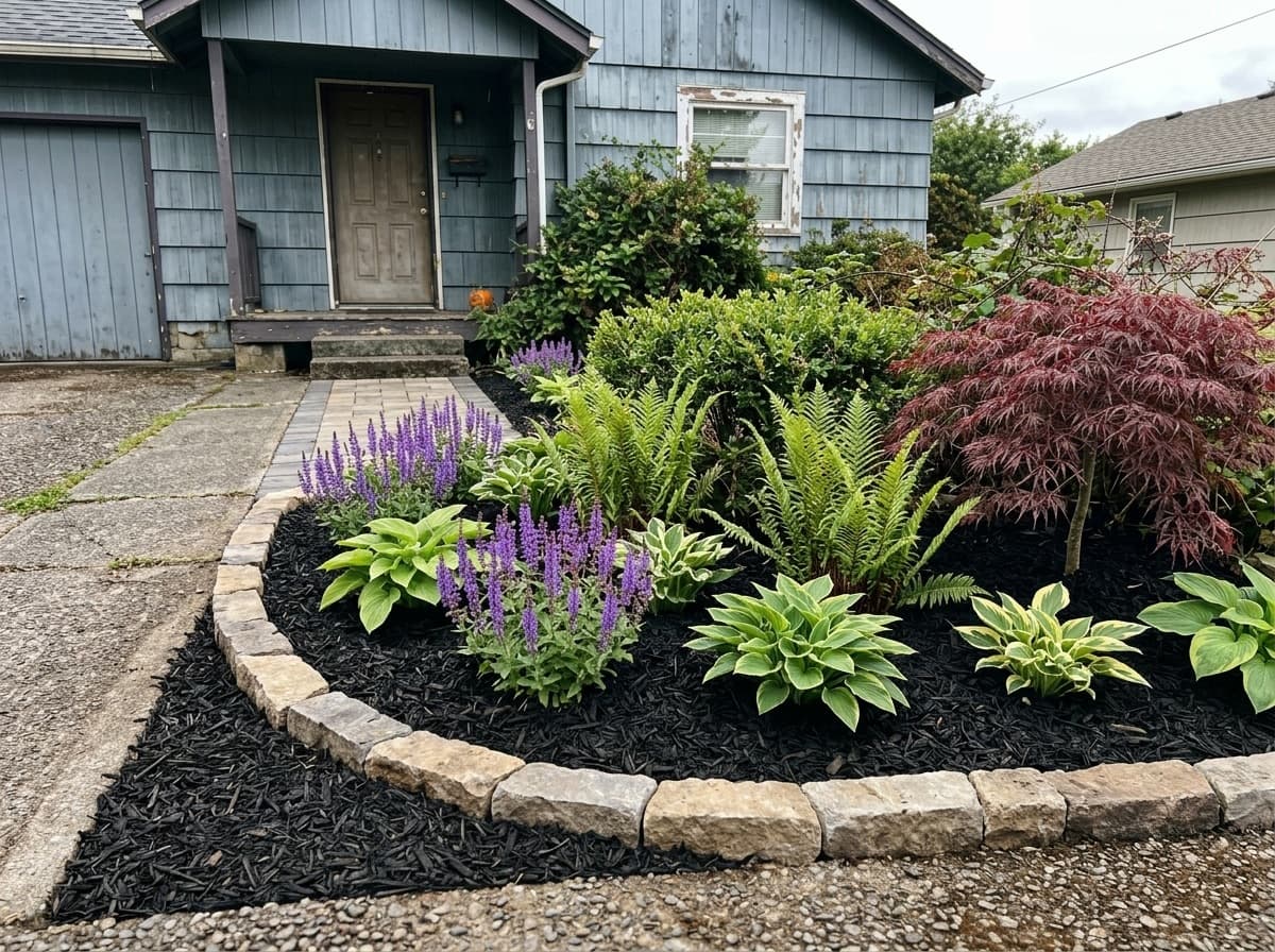 Custom garden bed with Japanese maple, hostas, salvia, and stone border after Coastal Miller Landscaping installation