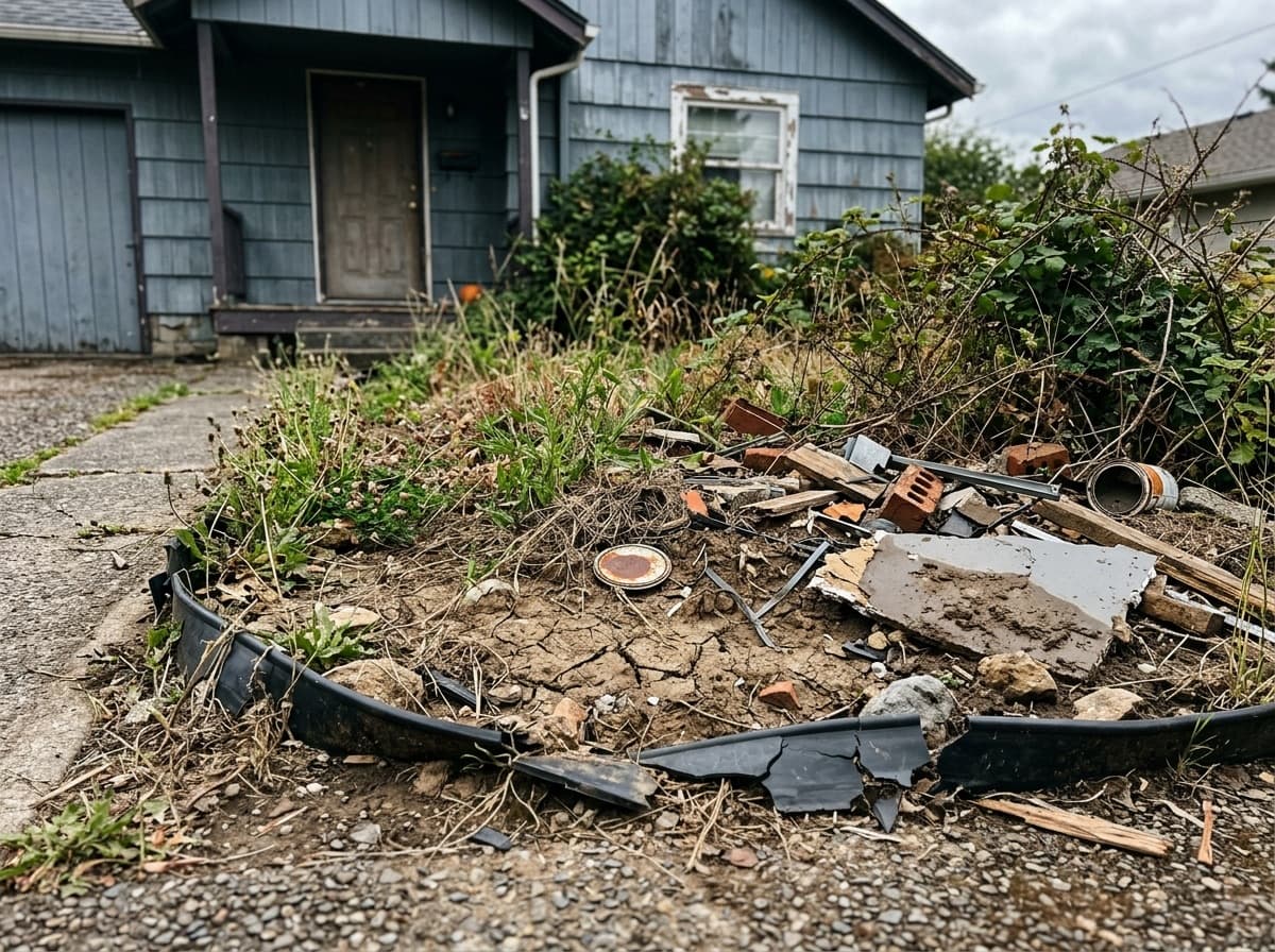 Empty neglected dirt bed with debris and weeds before garden renovation in Colwood, BC