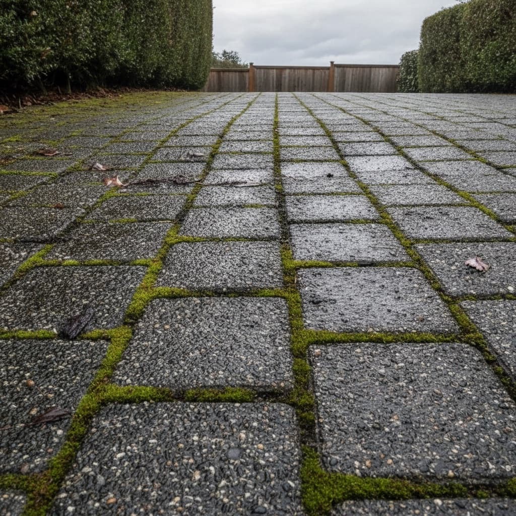 Moss and slippery algae stained concrete pavers before pressure washing service in Victoria BC