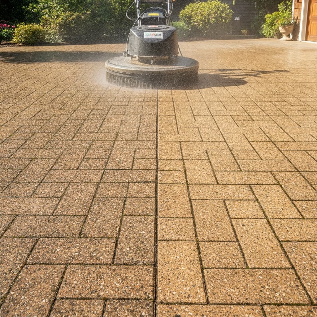 Commercial rotary surface cleaner pressure washing driveway in Victoria BC — Coastal Miller Landscaping