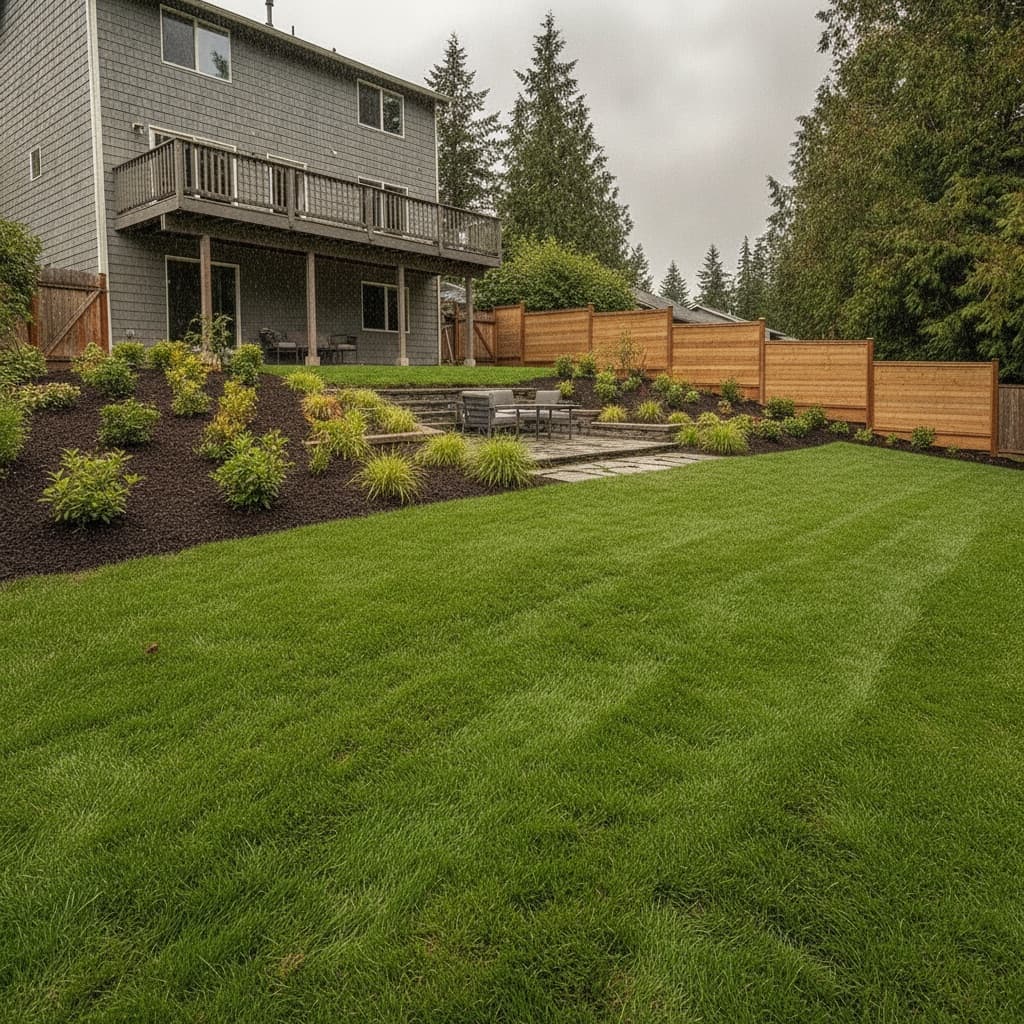 Transformed backyard with level emerald lawn, garden borders, and flagstone patio after Coastal Miller Landscaping project