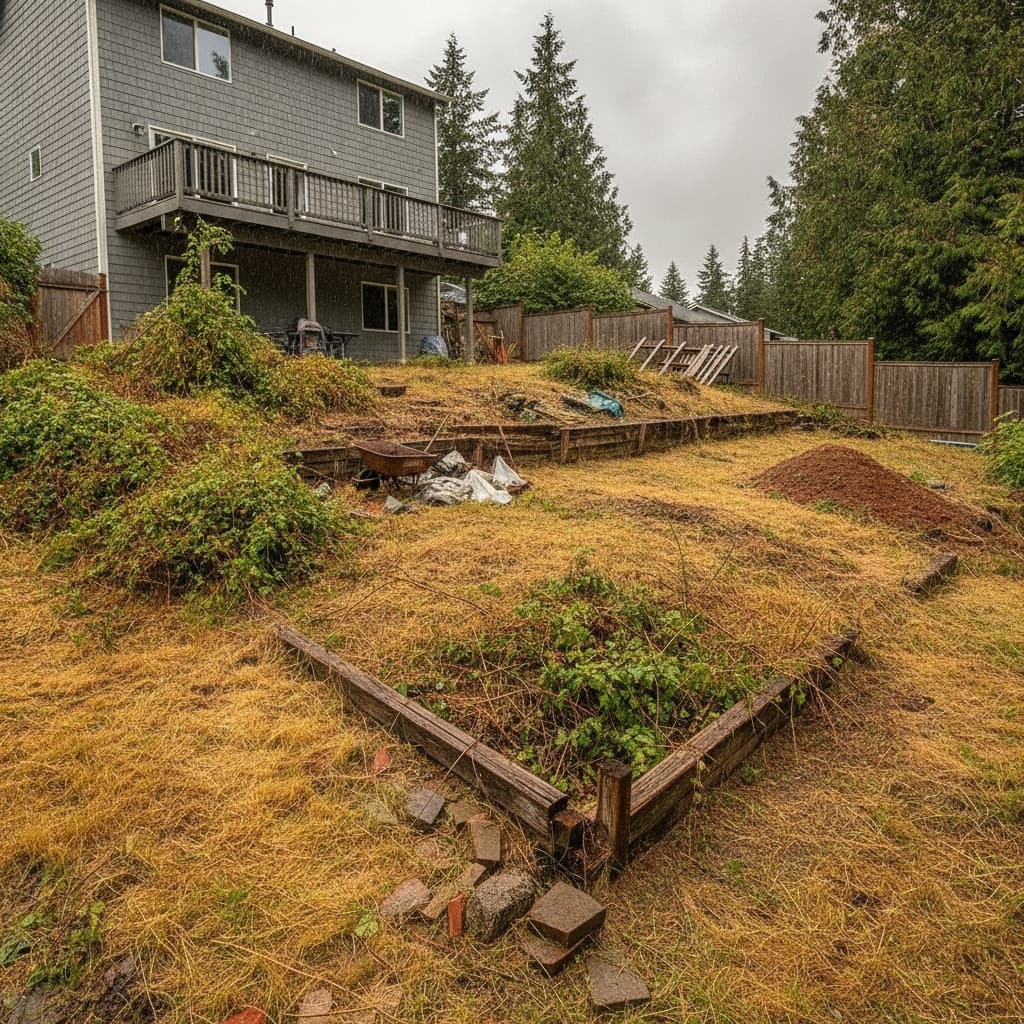 Neglected, sloped backyard with dead grass and construction debris before renovation in Victoria BC