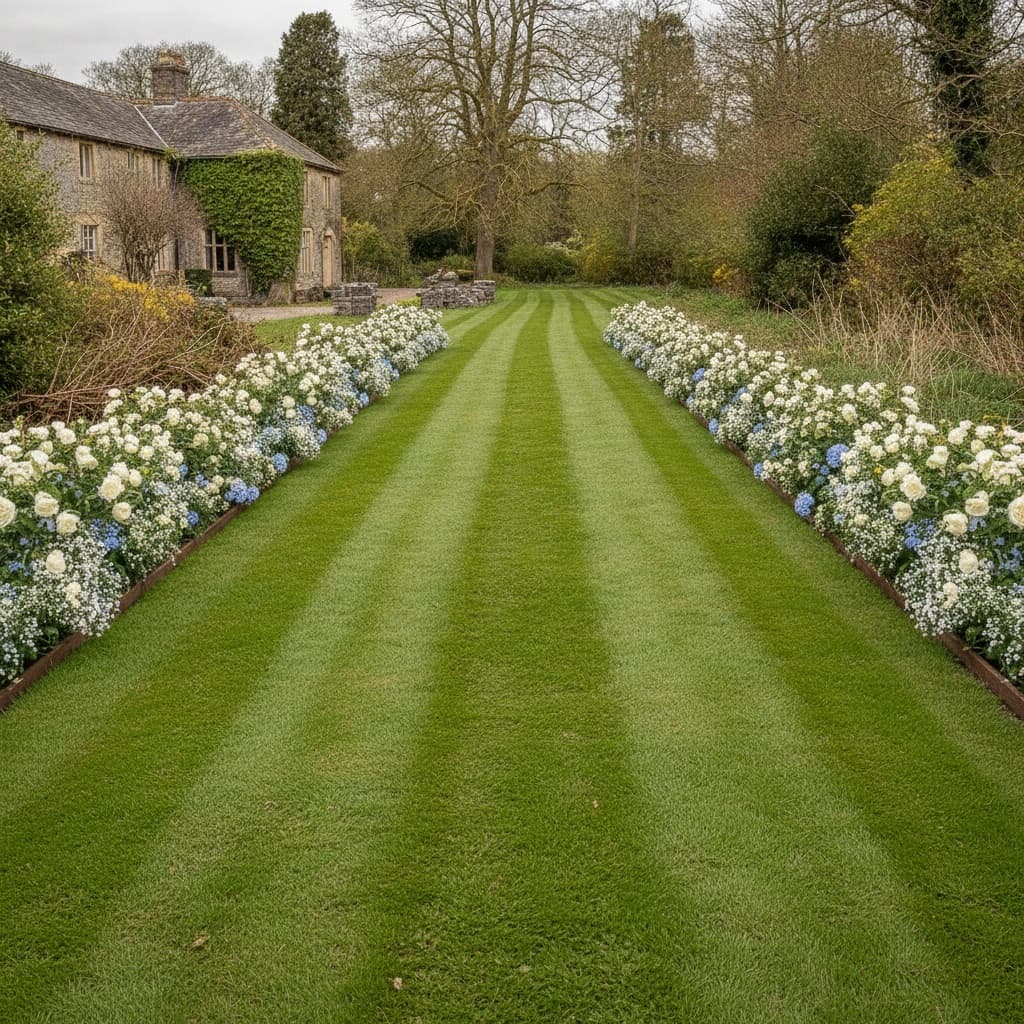 Immaculate manicured ceremony grounds with lush lawn and blooming borders prepared by Coastal Miller Landscaping