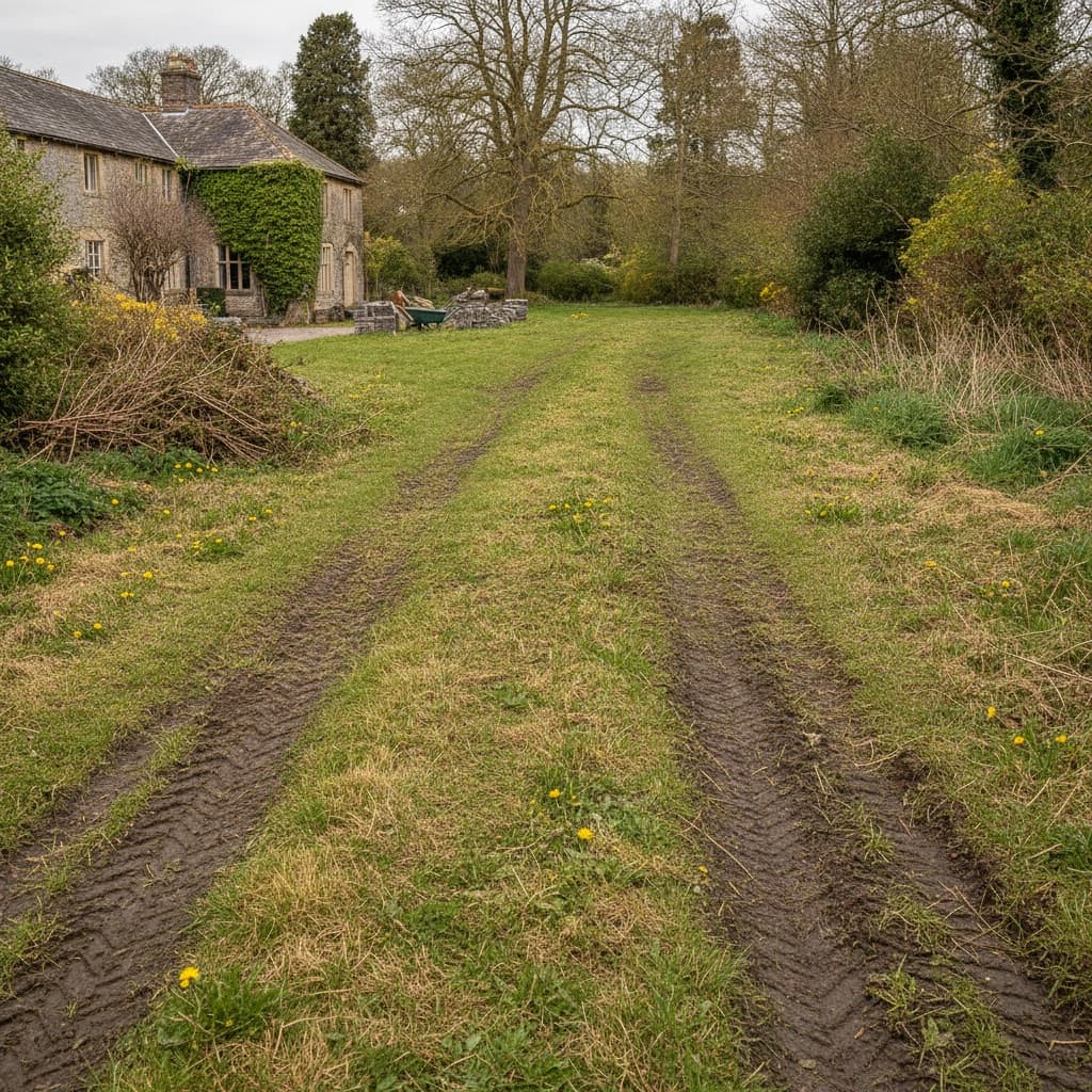 Rough, uneven outdoor venue lawn with bare patches before event landscape preparation in Victoria BC