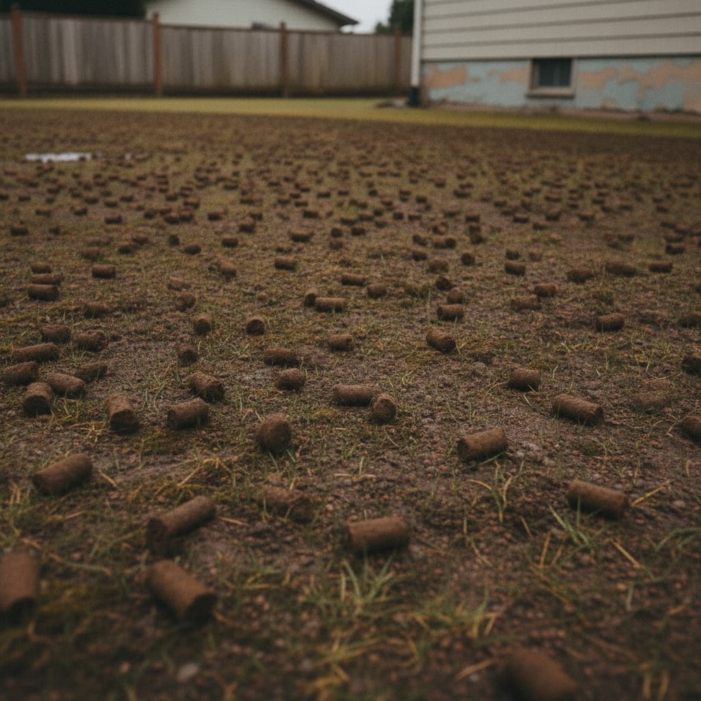Thick, green, healthy lawn with visible core plugs after aeration and overseeding by Coastal Miller Landscaping