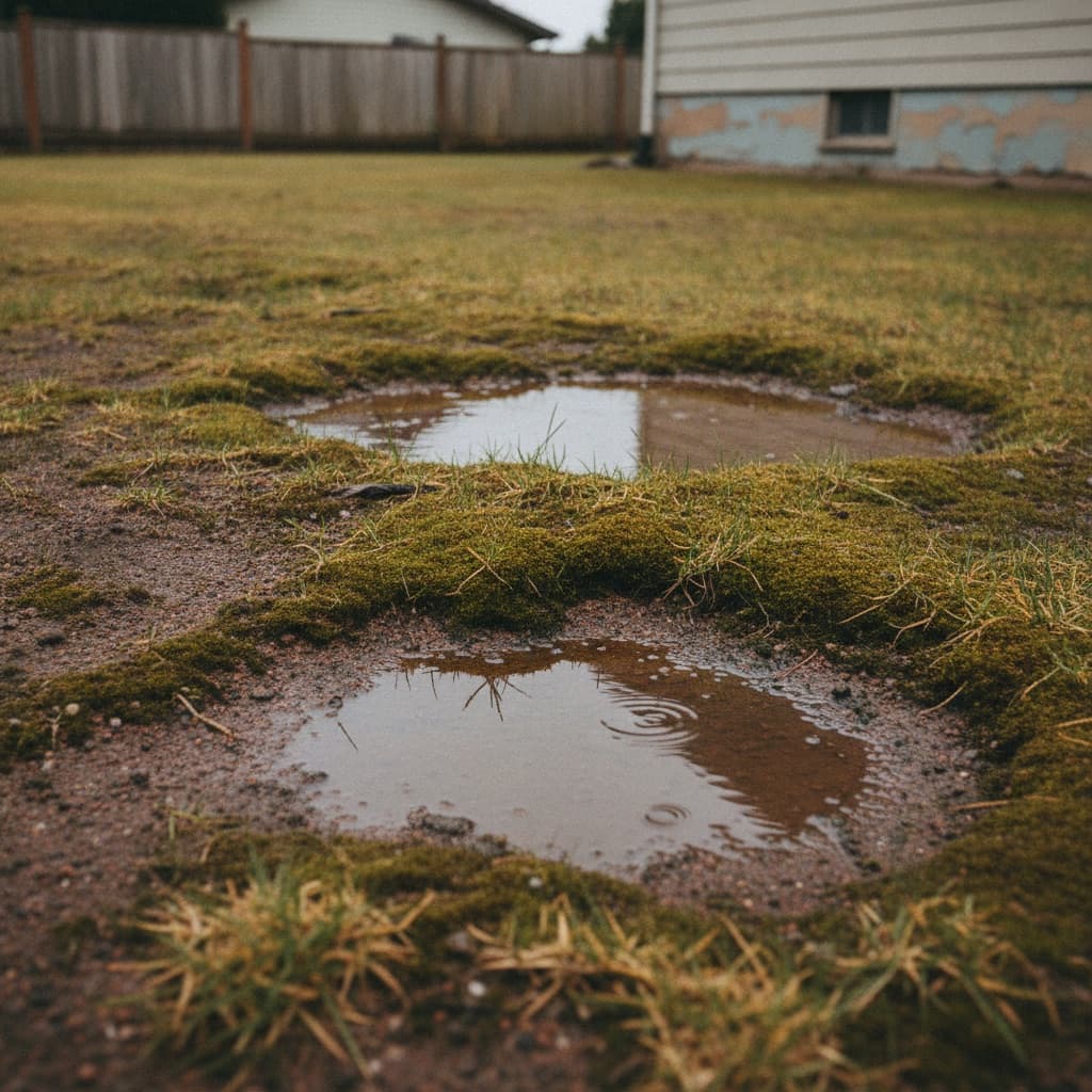 Thin, compacted lawn with pooling water and patchy growth before aeration in Saanich, Victoria BC