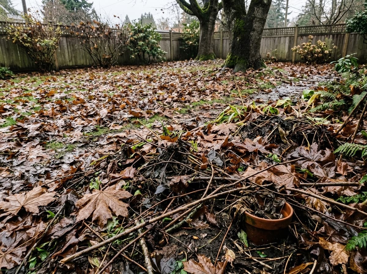 Yard covered in fallen leaves and winter debris before seasonal cleanup in Brentwood Bay, BC
