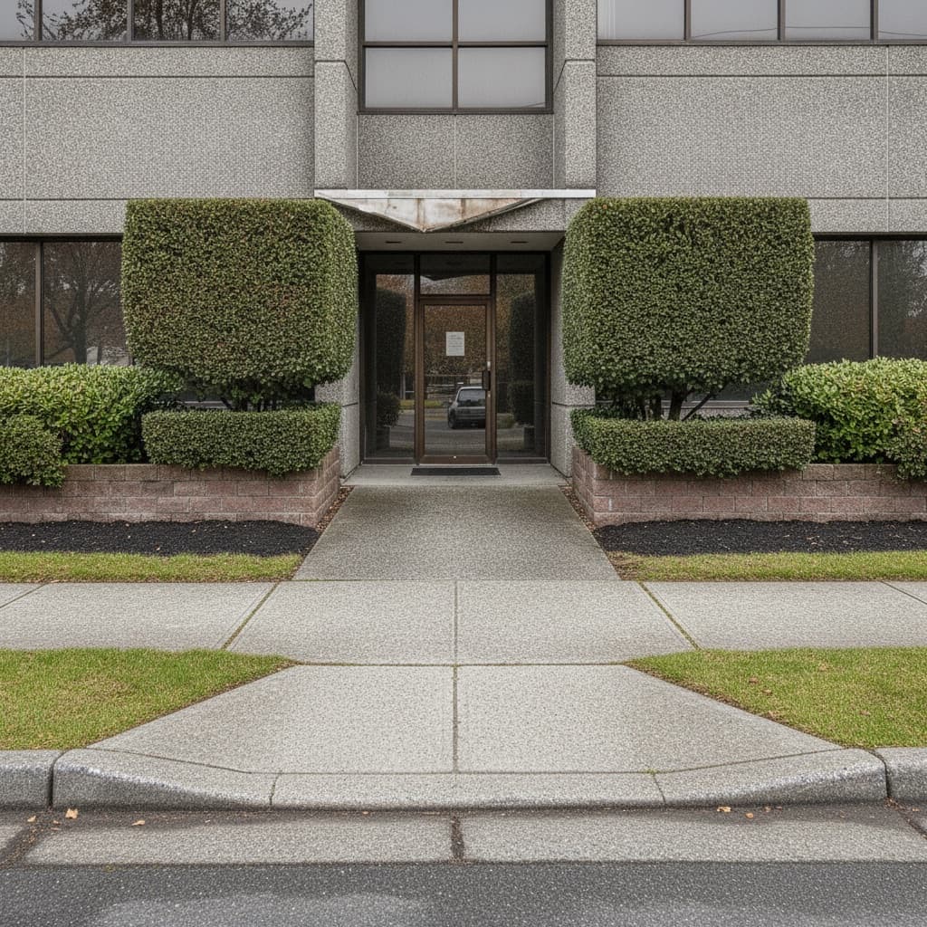 Clean, trimmed commercial building entrance with manicured turf and fresh mulch maintained by Coastal Miller Landscaping