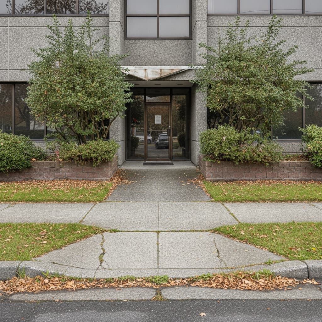 Overgrown shaggy shrubs and unkempt turf at commercial building entrance before grounds care in Victoria BC