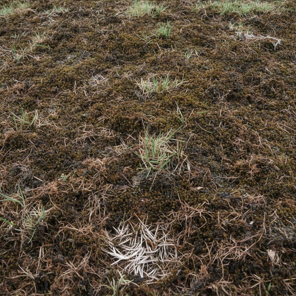 Spongy, thatch-covered lawn with choking moss before dethatching service in Esquimalt, Victoria BC