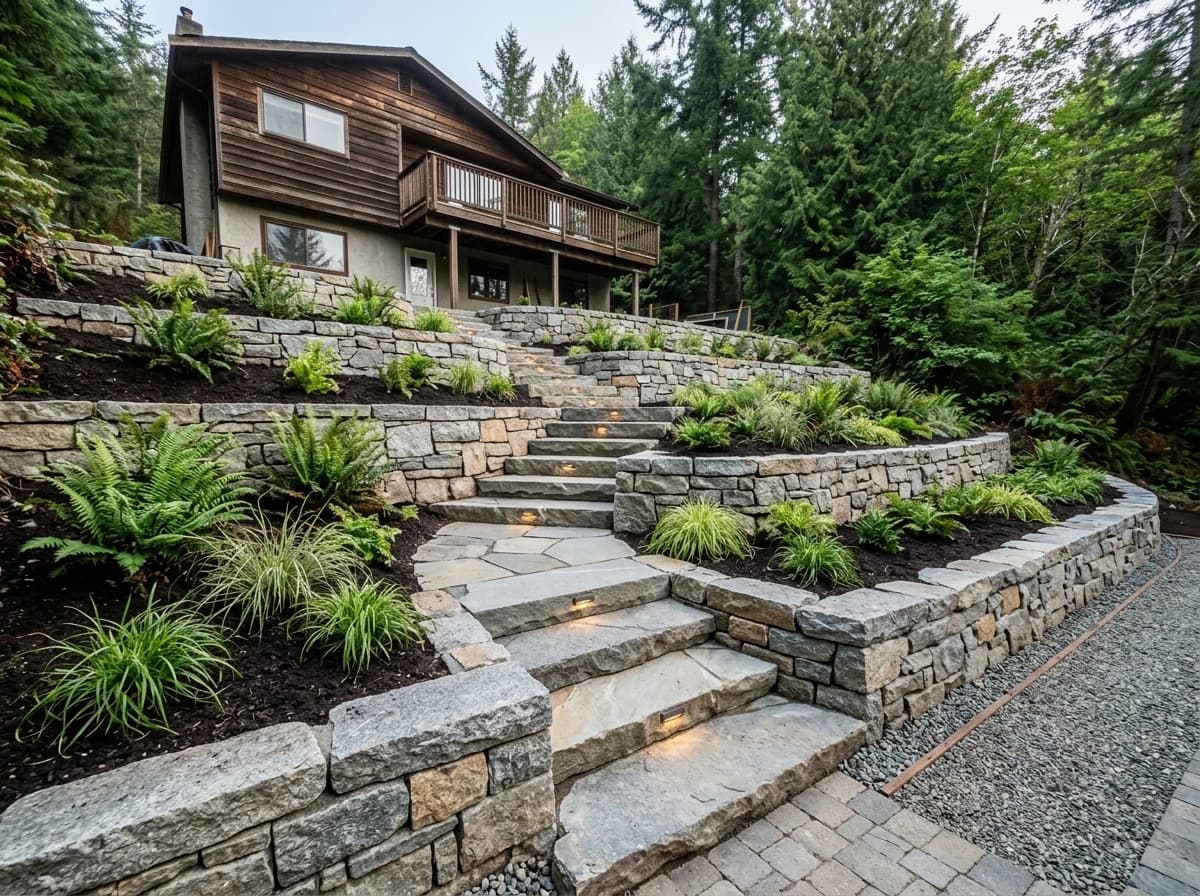 Terraced backyard with custom stone retaining walls and flagstone steps after Coastal Miller Landscaping hardscaping project