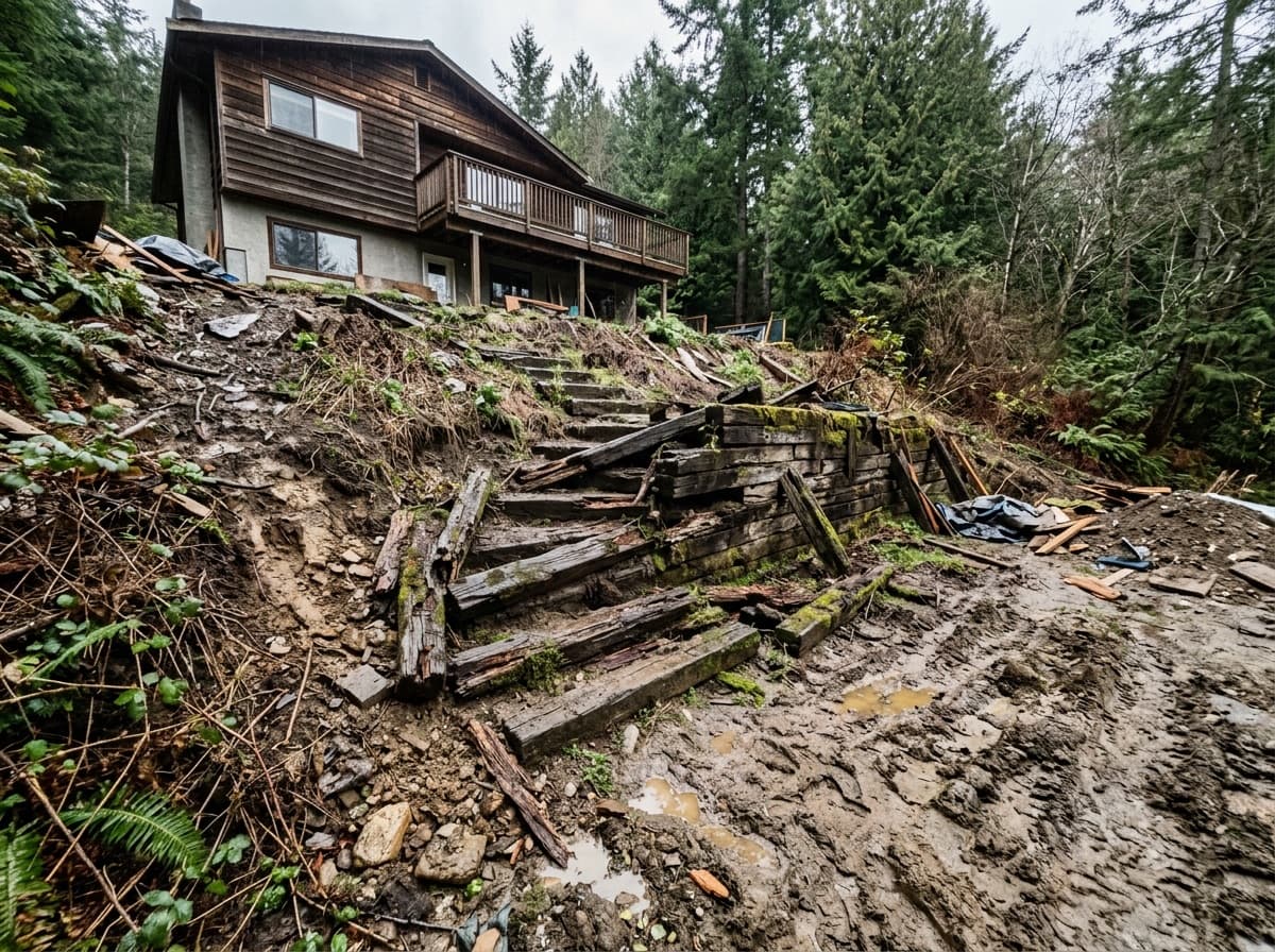 Sloped backyard with erosion and rotting wood ties before hardscaping project in Victoria BC