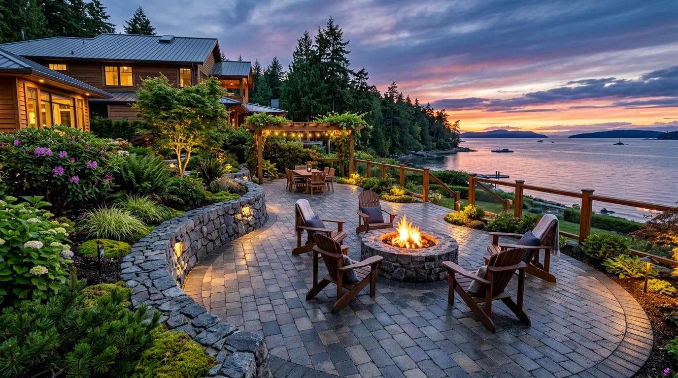 Custom stone patio and tiered retaining wall in Sidney BC — Coastal Miller Landscaping