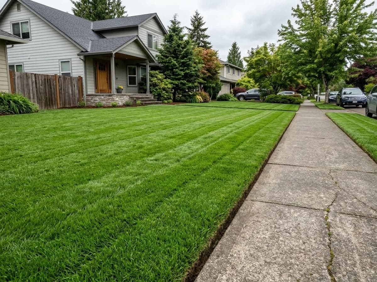 Neatly mowed, edged, and trimmed residential lawn after Coastal Miller Landscaping service in Saanich