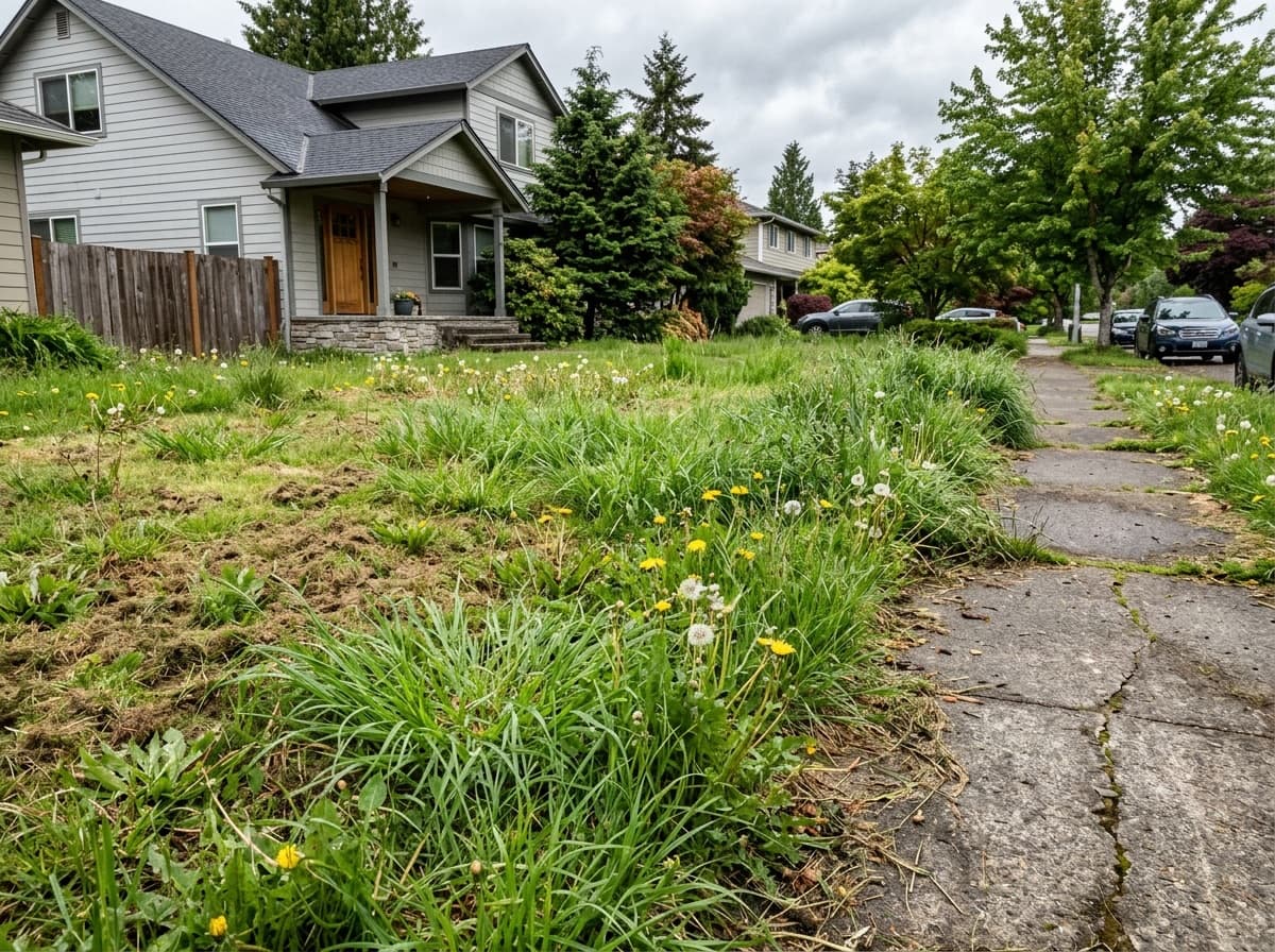 Overgrown, uneven lawn with dandelion weeds before professional lawn care service in Saanich, Victoria BC